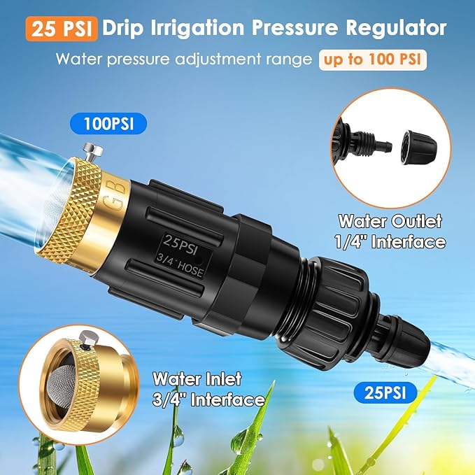 Drip Irrigation Faucet Adapter 25 PSI, 1/4" Tubing Quick Connect to 3/4" Garden Hose with Backflow Preventer, Filter, Tape, Pressure Regulator, Copper Drip Irrigation System Fittings (4 Pack)