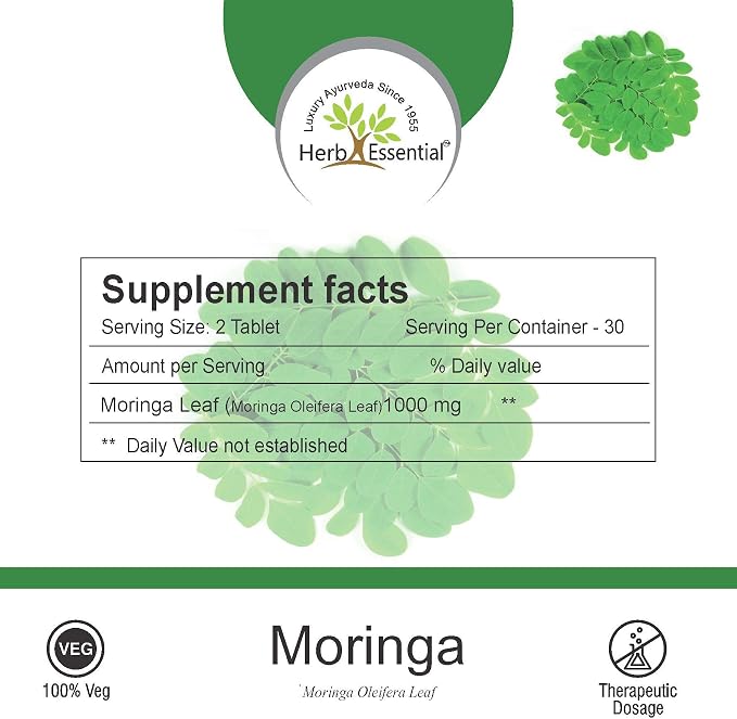 Herb Essential Organic Moringa Leaf Tablets 60 Tablets (500mg), Non-GMO and Gluten Free Supplemen, Uncoated Malunggay Herbal Supplement, Complete Green Superfood
