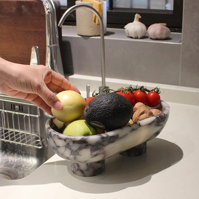 Nawgnail Natural Oval Calacatta Viola Marble Fruit Bowl for Kitchen Counter 10", Large Decorative Bowl Two-Legs for Home Decor, Fruits Holder For Dining Table - Kitchen Organization