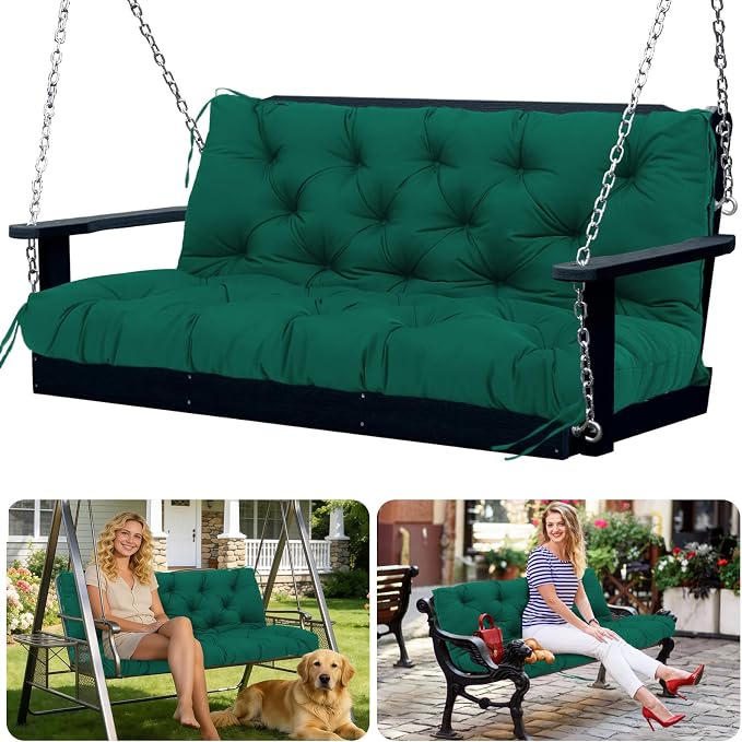 Porch Swing Cushions 2 Seater Replacement Thicken 5" Waterproof & Fade Resistant Swing Cushions for Outdoor Furniture Bench Patio Swing Cushion with Backrest & Ties(Dark Green 40x40x5inch)