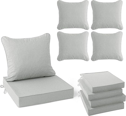 Summsun Patio Cushions for Outdoor Furniture, Faux Linen Water Resistant Backrest and Seat Cushion Set with Non-Slip Bottom, Straps, Removable Cover, 19 x 19 Inch, Light Grey, Set of 4