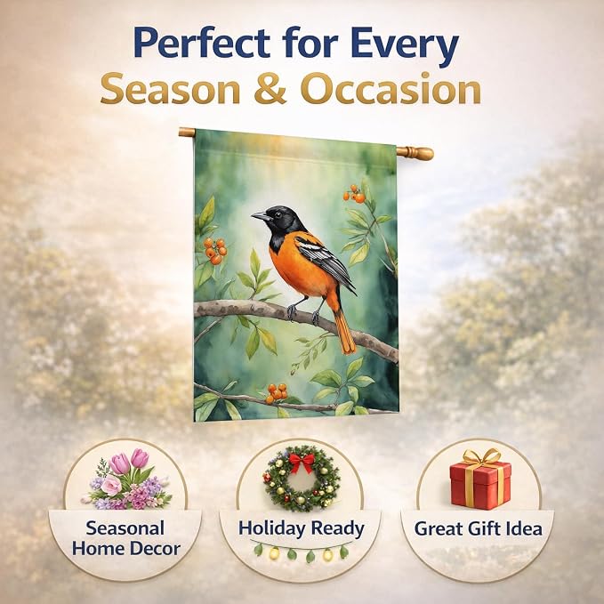 Caroline's Treasures Maryland Baltimore Oriole House Flag Large Porch Sleeve Pole Decorative Outside Yard Banner Artwork Wall Hanging, Polyester, House Size, Multicolor