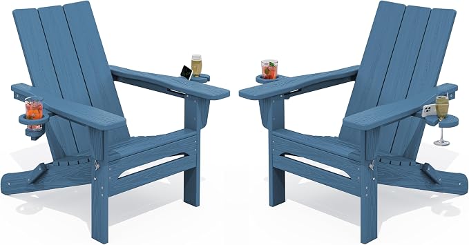 SERWALL Modern Folding Adirondack Chair Set of 2, Weather Resistant HDPE Outdoor Adirondack Chair with Dual Cup Holders, Fire Pit Chair for Patio Lawn Garden, Blue
