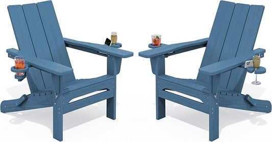 SERWALL Modern Folding Adirondack Chair Set of 2, Weather Resistant HDPE Outdoor Adirondack Chair with Dual Cup Holders, Fire Pit Chair for Patio Lawn Garden, Blue
