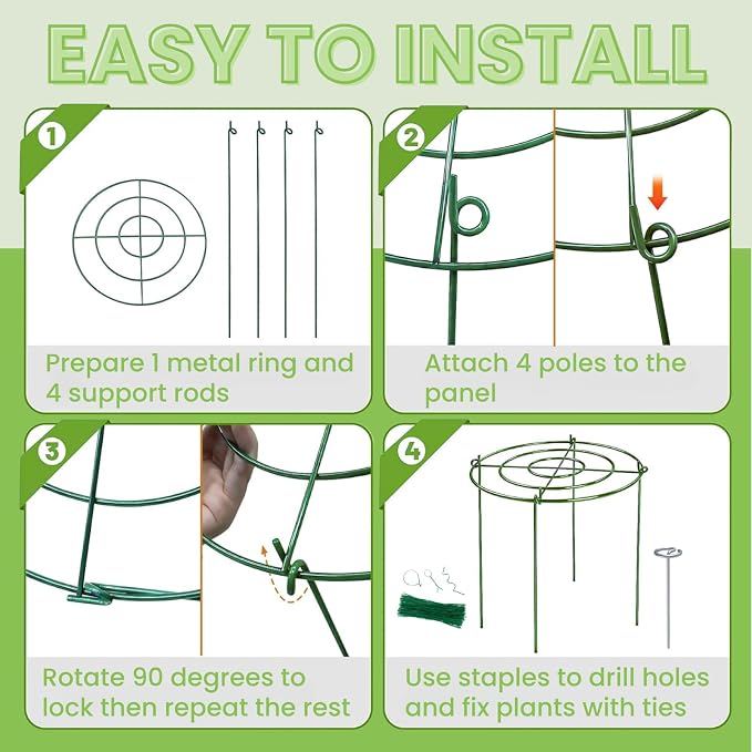 Lancisism 8 Pack Peony Cages and Supports - Heavy Duty Grow Through Metal Plant Support for Outdoor Plants - Plant Support Frame Ring for Rose Tomato Hydrangea Sage Strawberry 12" D x 16" H