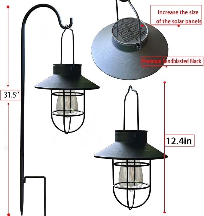 2 Pack Solar Lanterns ,Outdoor Waterproof Solar Lamp with Shepherd Hook, Metal Edison Bulb Lights Gifts for Gifts for Women/Mom Garden Outdoor Pathway Decor (Black)