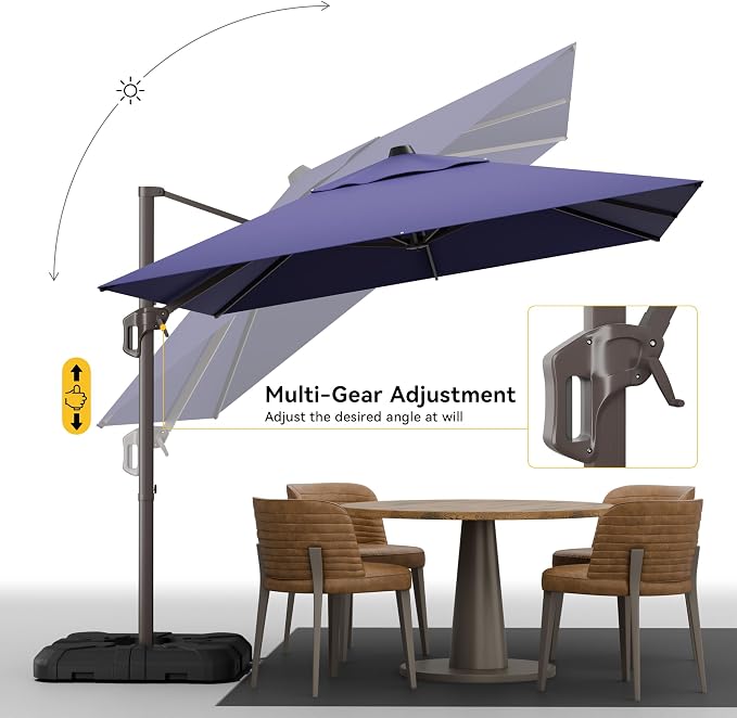 9x12 FT Cantilever Patio Umbrella with Base, Large Rectangular Offset Outdoor Umbrella with 360° Rotation, Heavy Duty Shade Umbrella for Garden Backyard Deck Poolside Courtyard, Navy Blue