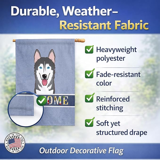 Caroline's Treasures BB1404CHF Alaskan Malamute Welcome House Flag, Blue Large Porch Sleeve Pole Decorative Outside Yard Banner Artwork Wall Hanging, Polyester, House Size, Multicolor
