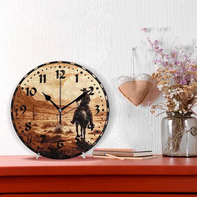 Vintage Western Cowboy Wall Clock, Silent Non Ticking 10 Inch Battery Operated Wall Clocks, Easy to Read Clock for Home Kitchen Living Room Bathroom Office Decor