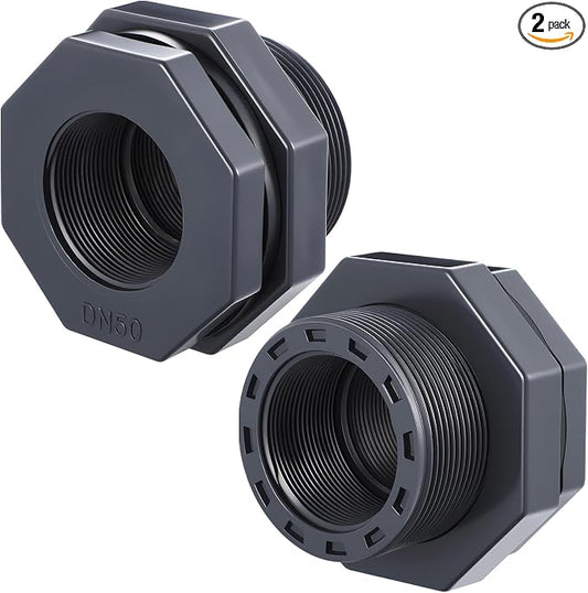 2 Pcs 2 Inch Bulkhead Fitting PVC Water Tank Connector Plumbing Pipe Threaded Bulkhead Fitting NPT for Rain Barrels, Water Tanks, Aquariums, Tubs, Pools