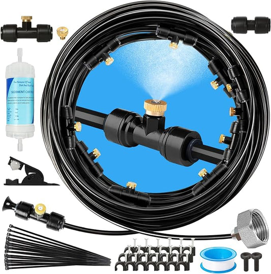 Joyhalo Misters for Outside Patio, Garden Misting System for Cooling Outdoor,50FT Misting Line,17 Mist Nozzles,Water Filter,Brass Adapter(3/4"), Outdoor Misters for Patio, Garden and Greenhouse