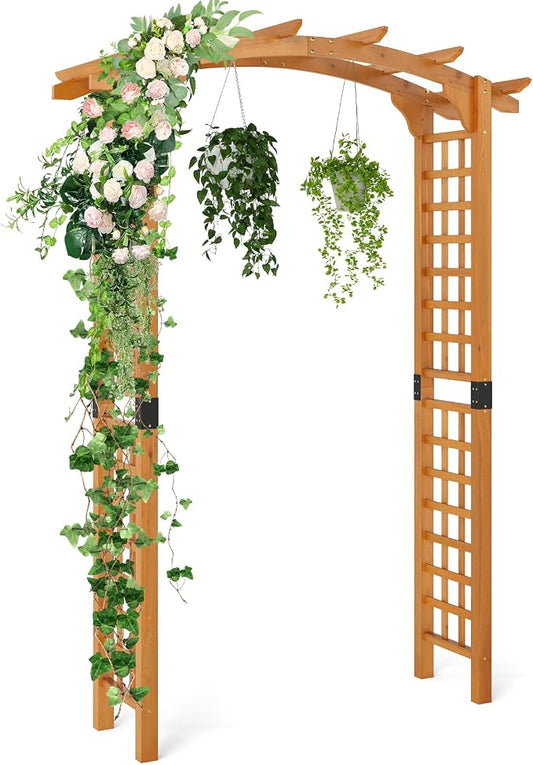 Giantex 7.5FT Wood Garden Arbor Trellis, Wooden Wedding Arch for Ceremony Party, Outdoor Archway Pergola for Climbing Plants, Pathway, Yard, Garden Decor, Easy Assembly (Honey Brown, 63''W x 90''H)