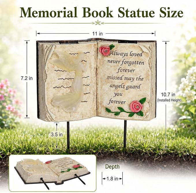 Solar Memorial Garden Lights, Angel Book Statue with Warm LED Glow, Weather-Resistant Outdoor Cemetery Decorations with 2 Removable Stakes, Sympathy Gifts for Loss of Loved One, Garden Yard Decor