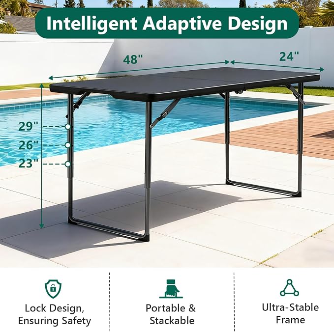 Folding Table, 4FT Foldable Picnic Table with Adjustable Height, Heavy Duty Fold-in-Half Portable Table for Weddings, Camping, RV Travel, Parties, BBQs, and Indoor Use, Easy to Fold and Store