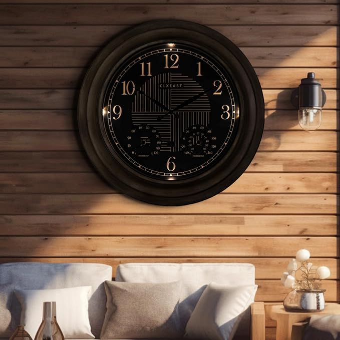 CLXEAST 24 Inch Self-Illuminated in/Outdoor Atomic Wall Clock with Temperature and Humidity, Oversized Large 24 Inch Wall Clocks for Living Room Decor, Brushed Grey Oak Finish