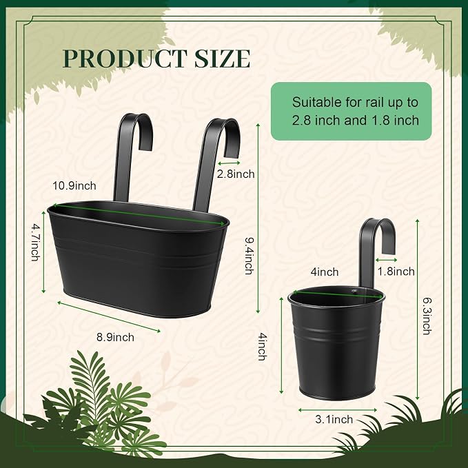 16 Pcs Hanging Flower Pots Planters for Outdoor Metal Iron Wall Flower Planter Baskets for Railing Fence Balcony Garden Yard Home Indoor Decoration with Detachable Hooks(Black)