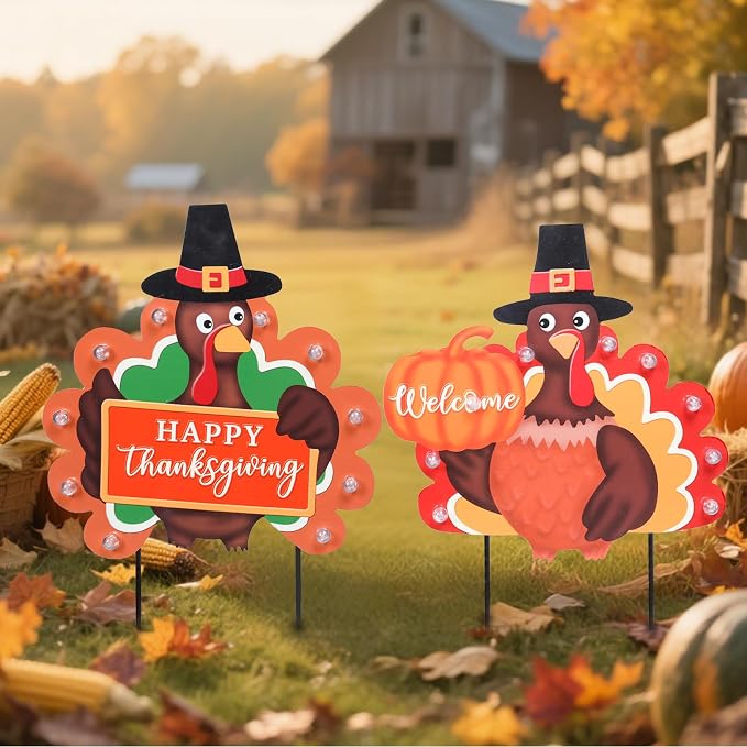 Fall Yard Decor Outdoor Autumn Harvest Garden Stakes with LED Light Autumn Two Turkeys Yard Sign with Stakes Fall Thanksgiving Decoration for Home Outside Lawn Garden Holiday Decor