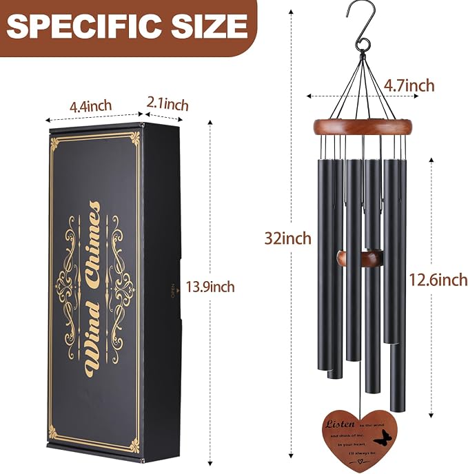 Personalized Memorial Wind Chimes for Loss of Mother or Father – Sympathy Bereavement Gift for Loved One – Unique Outdoor Wind Chimes, Black