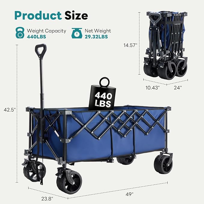 NEWBULIG Wagon Carts Foldable - 440LB Extra-Long Heavy-Duty Collapsible Wagon with All-Terrain Wheels, Portable Storage Shopping Cart for Groceries, Camping, Sports, Beach, Garden