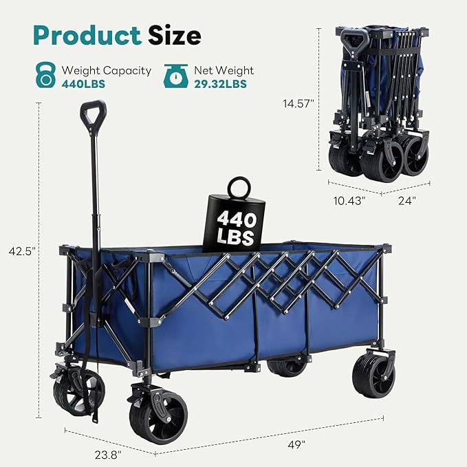OLIXIS Collapsible Wagon Cart - 440lbs Foldable 49" Extra Long Heavy Duty Utility Wagon with Wheels, Portable Storage Grocery Cart for Camping, Shopping, Sports, Beach, Garden, Blue