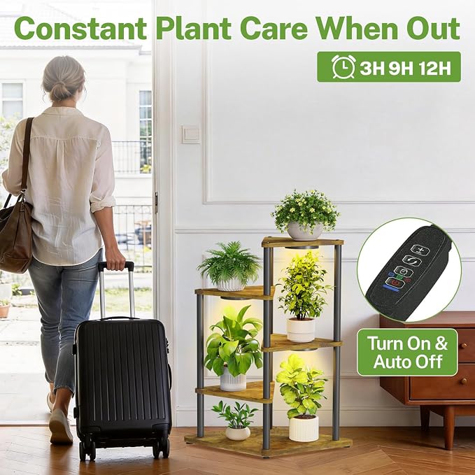 iDavosic.ly Tall Plant Stand with Grow Lights for Large & Heavy Duty Planters, 4 Tier Indoor Corner Flower Shelf with Wooden Trays & Metal Frame, Orchid Rack for Living Room Balcony, Black & Brown