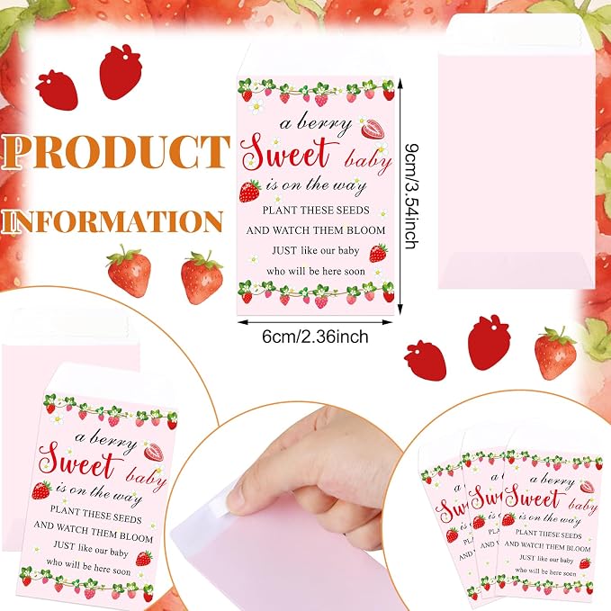 Ctosree 50 Sets Strawberry Baby Shower Favors for Guests a Berry Sweet Baby Is on the Way Seed Packets Include Self-adhesive Seed Packets Flowerpot Thank You Tags Organza Bags for Gender Reveal Party