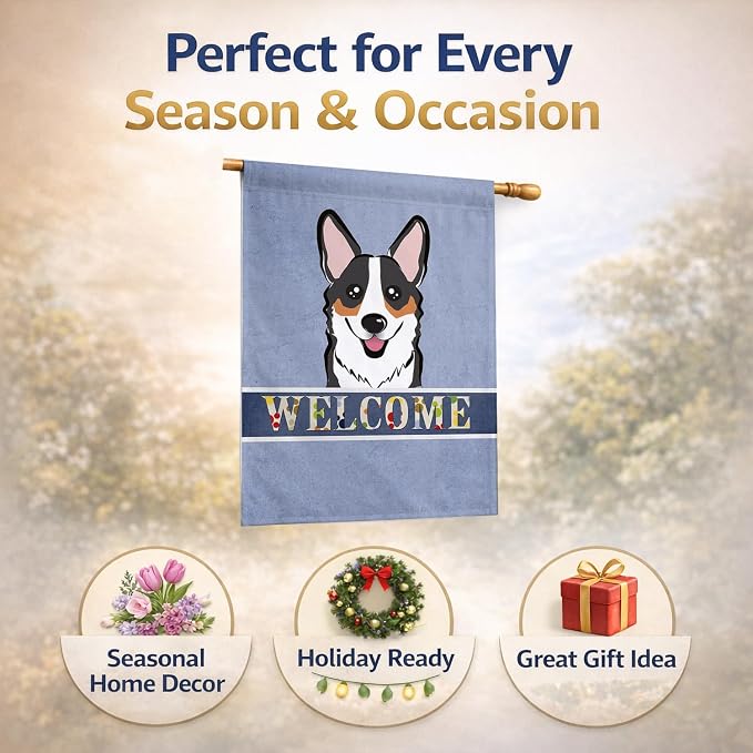 Caroline's Treasures BB1441CHF Tricolor Corgi Welcome House Flag, Blue Large Porch Sleeve Pole Decorative Outside Yard Banner Artwork Wall Hanging, Polyester, House Size, Multicolor