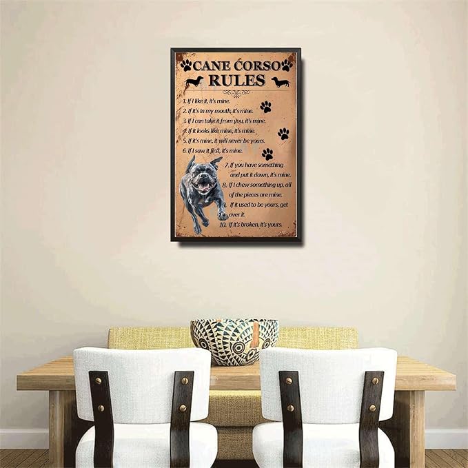 Metal Sign Tin Sign Vintage Wall Art Cano Corso Rules Outhouse Wall Decor for Restaurant 6×8 Inches with Metal Frame
