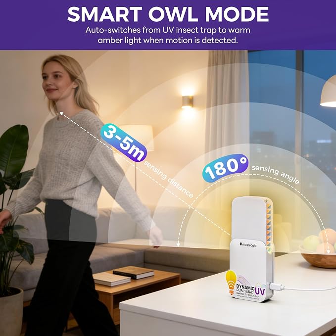 Mosalogic Max Flying Insect Trap Fruit Fly Traps for Indoors,Indoor Gnat Catcher for House Use, Bug Catcher & Flies Trapper-Smart Owl Mode, Dynamic UV Attraction,Compact Size(1 Device+10 Refills)