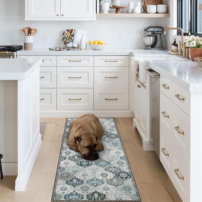 Lahome Moroccan Washable Runner Rug, 2x6 Blue Kitchen Runners for Hallways | Non Slip Vintage Trellis Laundry Room Rug Vintage Ultra-Thin Long Carpet for Kitchen Bedroom Elise,, Blue