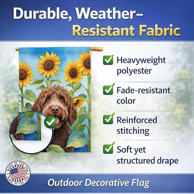 Caroline's Treasures DAC6112CHF Labradoodle in Sunflowers House Flag Large Porch Sleeve Pole Decorative Outside Yard Banner Artwork Wall Hanging, Polyester, House Size, Multicolor