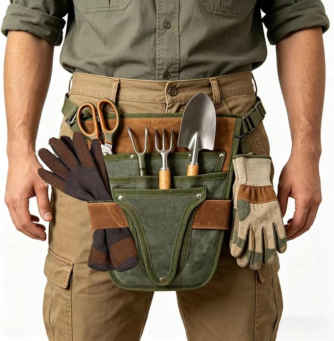 Gardening Tool Pouch for Waist, Hands-Free Canvas Tool Belt with 6 Pockets – Adjustable Waist Apron for Gardening Tools (Gardening Tools NOT Included)-Green