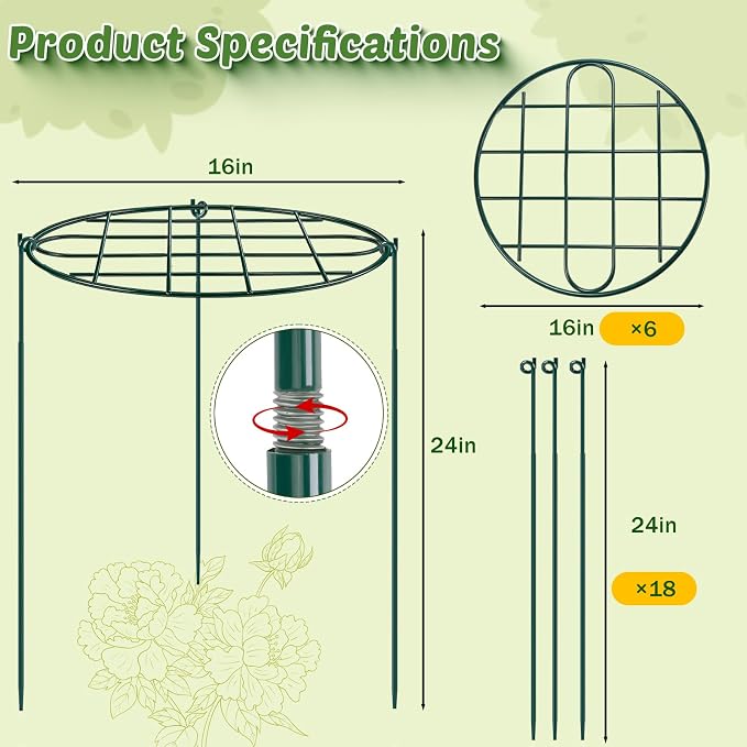 6 Pack 16 x 24 inch Peony Cages and Supports,Metal Grow Through Plant Supports for Outdoor Plants,Flowers Support Rings Top-Heavy Plant Brace Support Hoop for Vegetables,Rose,Tomato,Orchids