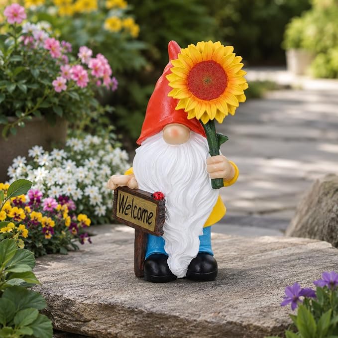 Solar Garden Gnome Outdoor Statue, 11.8" Resin Outdoor Gnome Garden Decor with Lighted Sunflower and Welcome Sign for Yard Patio Porch Lawn Decorations, Garden Gifts for Housewarming and Festivals
