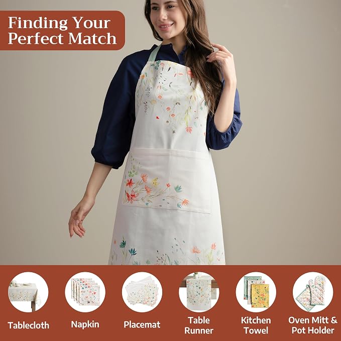 Maison d' Hermine Aprons for women with Pocket 100% Cotton (27.50"x31.50") | Adjustable Neck Strap & long ties Apron Men Chef Wedding Cooking Gardening Server Maid