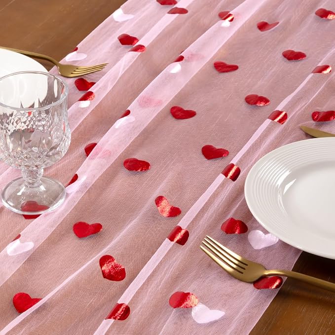 Socomi Valentine's Day Red Heart Table Runner Gauze Sheer Romantic Sequin 10FT Glitter Metallic Foil Dining Wedding Birthday Party Baby Shower Holiday Centerpiece Table Decor Pink