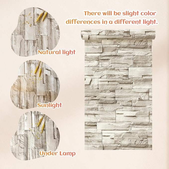 Jeweluck Stone Wallpaper Peel and Stick Brick Wallpaper 17.7”×787.4” Brick Contact Paper Peel and Stick Wall Paper Bathroom Faux Stone Backsplash for Kitchen Removable Decorative for Walls Vinyl