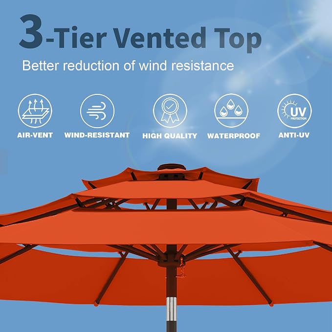 PatioKingdom 9ft 3-Tier Patio Market Umbrella with Crank/Tilt, Commercial Heavy Duty Wind Proof,Outdoor Table Umbrella with 8 Fiberglass Ribs,UPF50+ for Deck,Pool,Garden,Backyard (Orange)