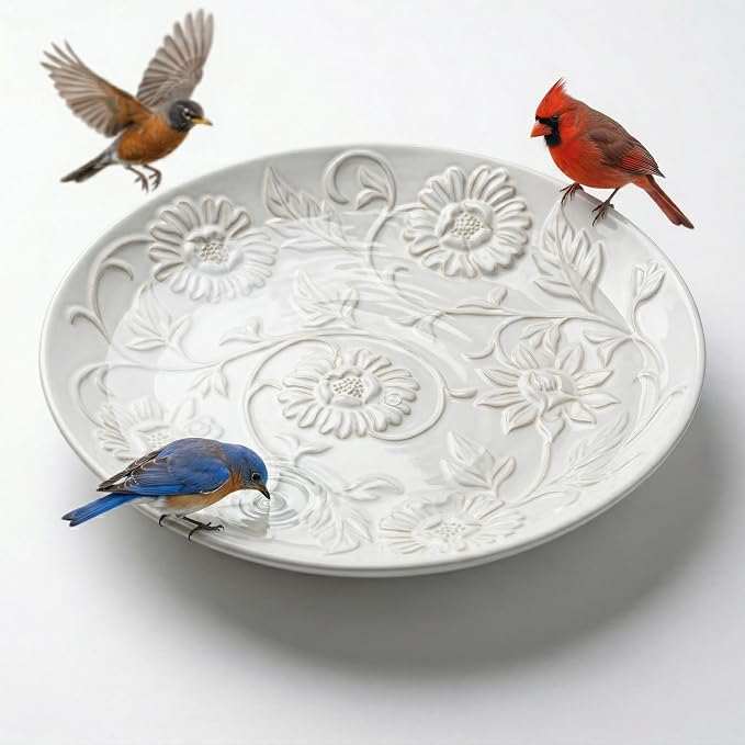 Topadorn Ceramic Bird Bath Bowl for Outdoors, 14.17" Decorative Bird Bath with Embossed Floral Design, Tabletop Birdbath for Garden, Patio, Deck & Balcony