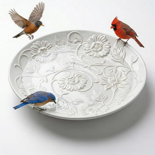 Topadorn Ceramic Bird Bath Bowl for Outdoors, 14.17" Decorative Bird Bath with Embossed Floral Design, Tabletop Birdbath for Garden, Patio, Deck & Balcony