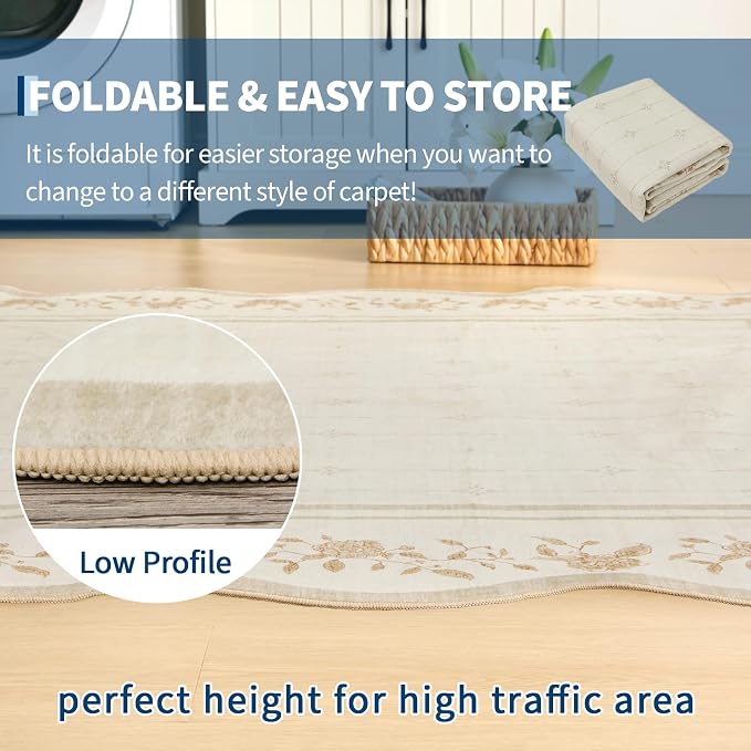 Garvee Scalloped Washable Rug 9x12 Rugs for Living Room Non Slip Ivory | Neutral Nursery Rug Modern Bordered Floral Mat Indoor Soft Non-Shedding Accent Carpet for Bedroom Dining Room Kids Room Dorm