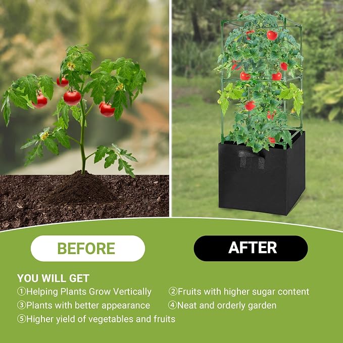 3 Pack Tomato Cages with 17 Gallon Grow Bags, 47” Heavy Duty Square Tomato Plant Stakes Support Cages Trellis for Garden Climbing Vegetables Flowers Fruits (47IN Tall, Extra-Bold)