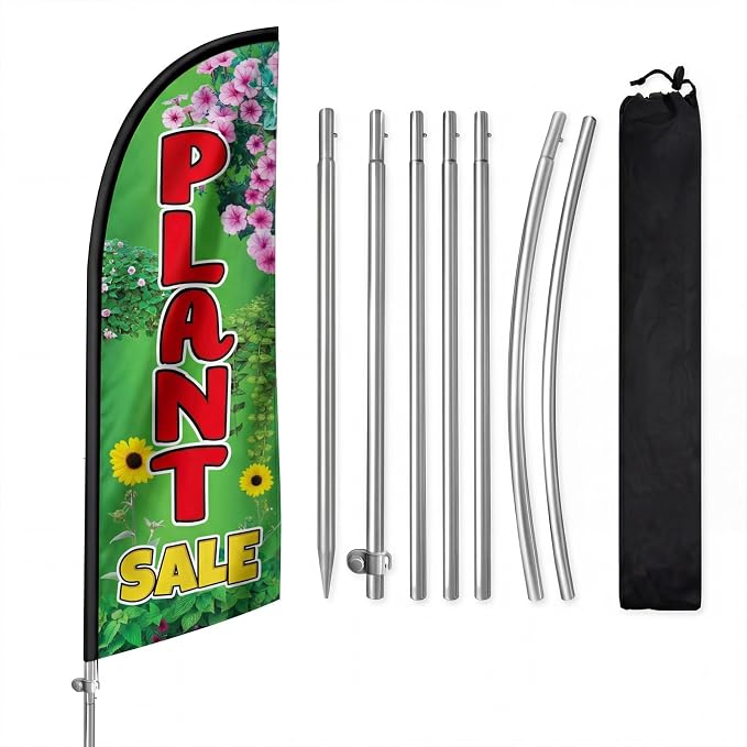 8FT Plant Sale Feather Flag with Pole & Ground Spike, Outdoor Garden Advertising Banner with Carry Bag, Eye-Catching Storefront Display for Plant Shop