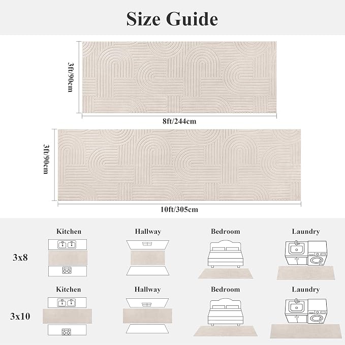SHACOS Soft Cozy Fluffy Arch High Low Pile Runner Rugs 3x10 ft Non Slip Washable Scandinavian Minimalist Area Rug Runner Modern Carpet for Living Room Hallway Bedroom Bathroom Kitchen, Beige