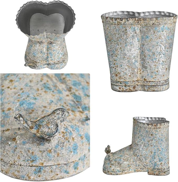 Vintage Galvanized Metal Rain Boot Planter with Bird Accent, Rustic Farmhouse Boot-Shaped Flower Pot, Decorative Indoor Outdoor Planter for Succulents, Herbs, Garden & Porch Decor