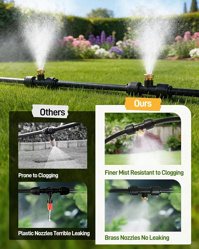 joyhalo Misters for Outside Patio with Automatic Sprinkler Timer, 50FT Misting System Line,17 Mist Nozzles,Water Filter,Brass Adapter(3/4"), Outdoor Plant Misters for Patio Cooling Garden Greenhouse