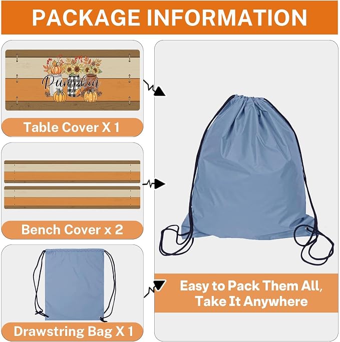 Fall Picnic Table Cover with Bench Covers, Outdoor Camping Essentials 6FT 3PCS Fitted Rectangle RV Must Haves Tablecloth with Drawstring Bag
