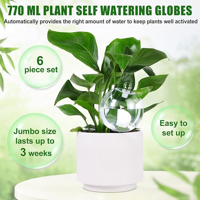 26 oz Extra Large Plant Self Watering Globes Top Fill - Upgraded Plastic Water Bulbs, Slow Release Terracotta Self Watering Planter Insert, Plant Watering Devices System, Water Spikes Stakes (6 Pack)