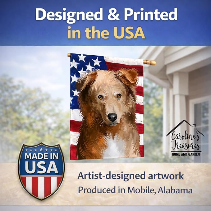 Caroline's Treasures CK6418CHF Basque Shepherd Dog American Flag House Flag Large Porch Sleeve Pole Decorative Outside Yard Banner Artwork Wall Hanging, Polyester, House Size, Multicolor
