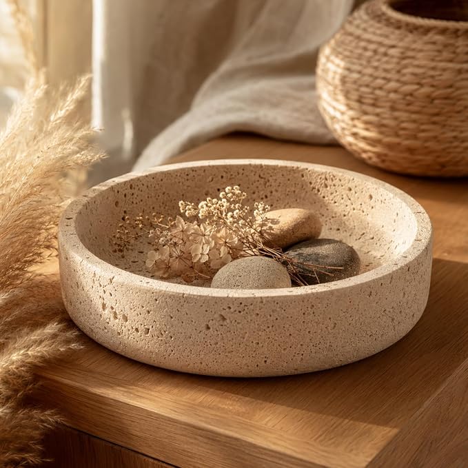 Natural Travertine Decorative Bowl 8",Fruit Bowl for Kitchen Counter & Natural Stone Centerpiece for Coffee Table Decor, For Kitchen Fruit Bowl, Key Holder for Entryway, Dining Table Centerpiece.